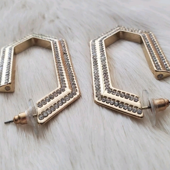 New Nine West Gold Tone Long Hex Hoop Clear White Rhinestone 2" Earrings - Picture 7 of 8